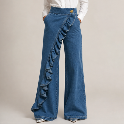 Women's Wide Denim Pants with Asymmetric Ruffle, Culotte Style 1