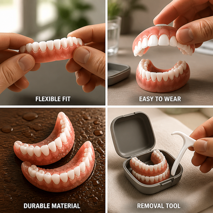 Four-panel collage showing the dentures being bent, put on, close up when wet, and stored with a removal tool 2