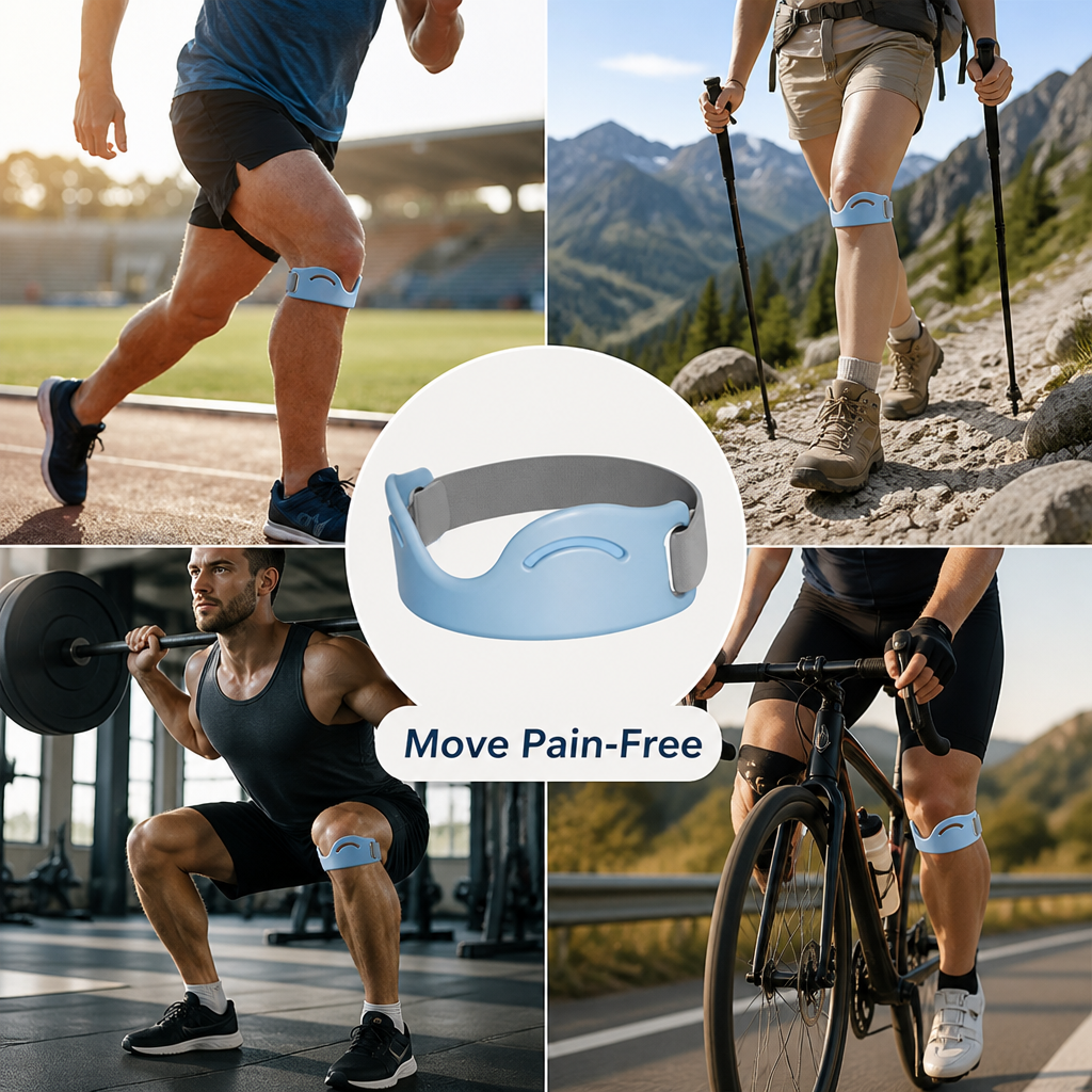 Collage of the light blue strap with grey band in the centre, surrounded by runners, a hiker, a weightlifter and a cyclist wearing it. 2