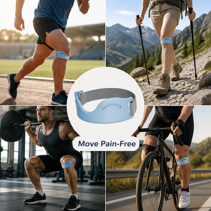 Collage of the light blue strap with grey band in the centre, surrounded by runners, a hiker, a weightlifter and a cyclist wearing it. 2