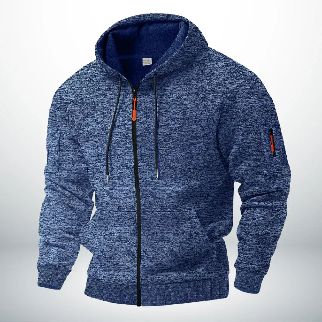 Front view of the zip-up hoodie in speckled blue, with drawstring hood, orange zip pull and small zipped pocket on the sleeve. 1