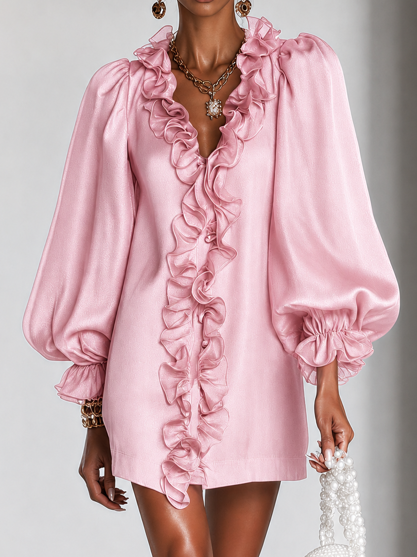 Close-up of the pink dress on a model, showing the sheer ruffle edging along the plunging neckline and the balloon sleeves. 8