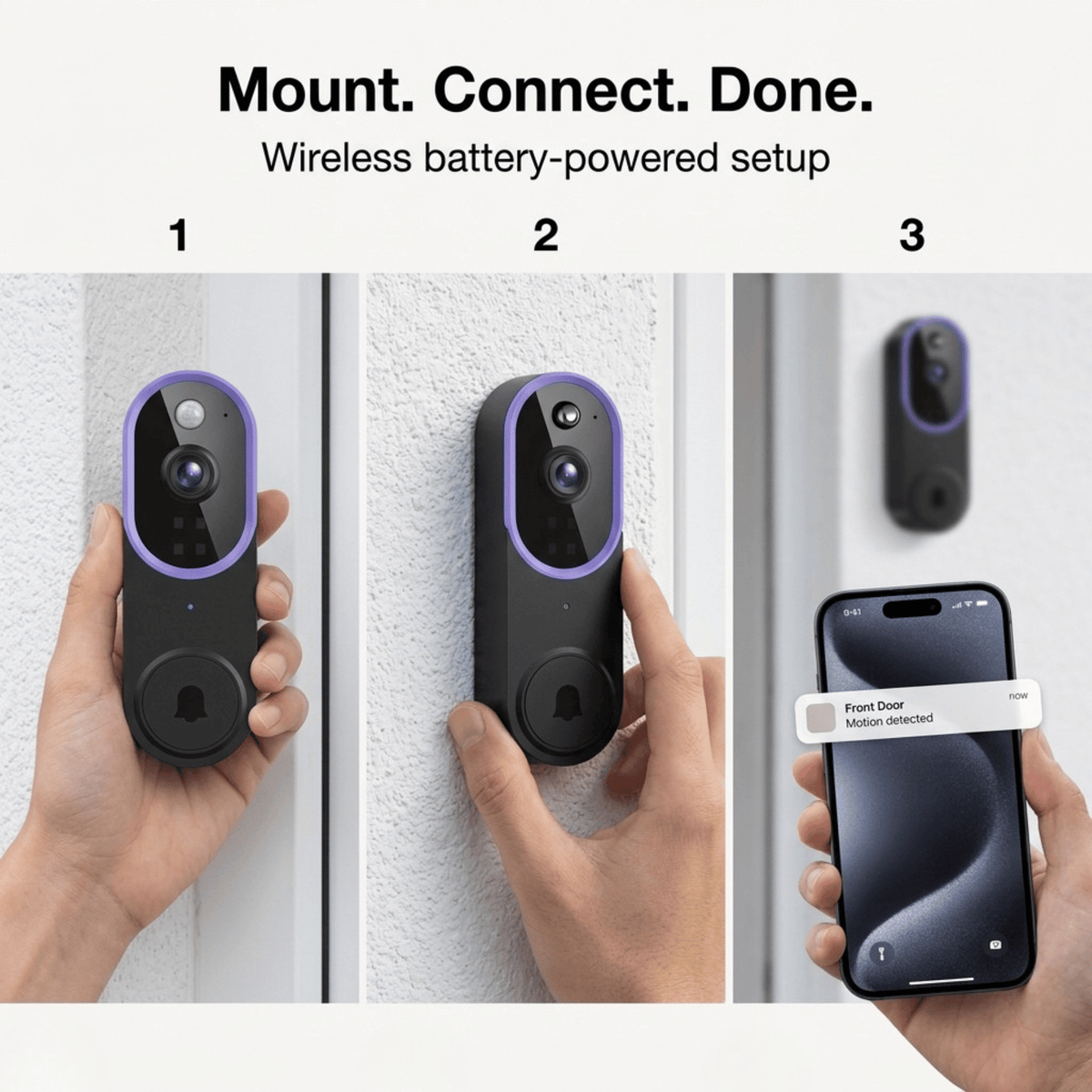 Three-step setup: hand holding the doorbell, pressing it onto the wall, then a phone alert 6