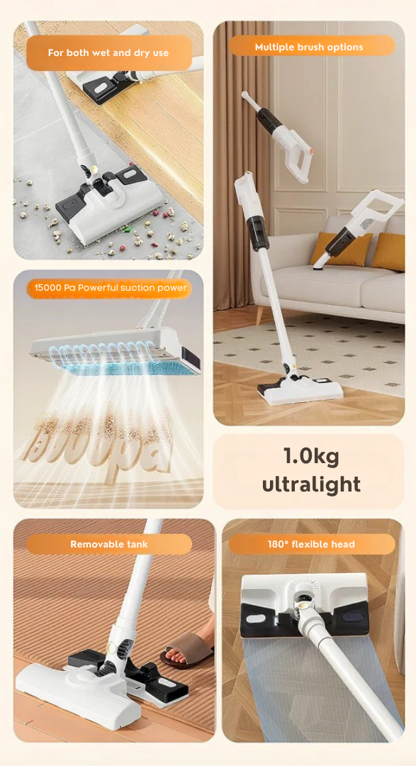 Collage of five feature shots: wet and dry cleaning, brush attachments, suction airflow, removable tank and a swivelling floor head. 9