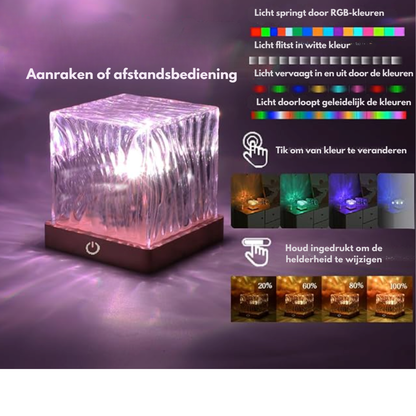 Rippled cube lamp glowing pink on a touch-control base, with infographic panels showing colour modes, tap-to-change and brightness levels. 5