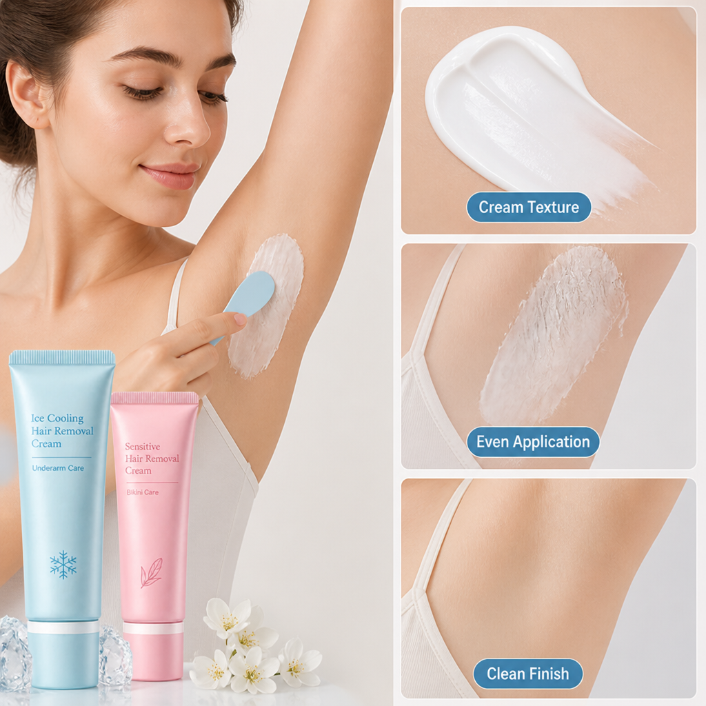 Woman spreading cream on her underarm with a small blue spatula, with close-ups of the texture, even coverage and smooth finish. 2