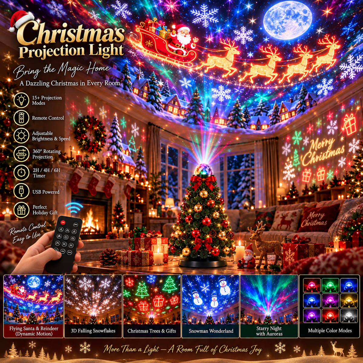 Mini tree projector lighting a living room with Santa's sleigh and reindeer, plus a remote and pattern thumbnails 1