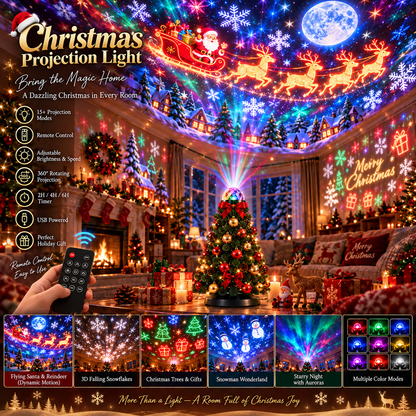Mini tree projector lighting a living room with Santa's sleigh and reindeer, plus a remote and pattern thumbnails 1