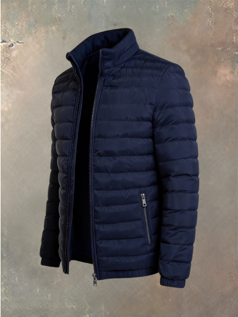 Navy blue horizontally quilted puffer jacket, open at the front, shown at an angle 2