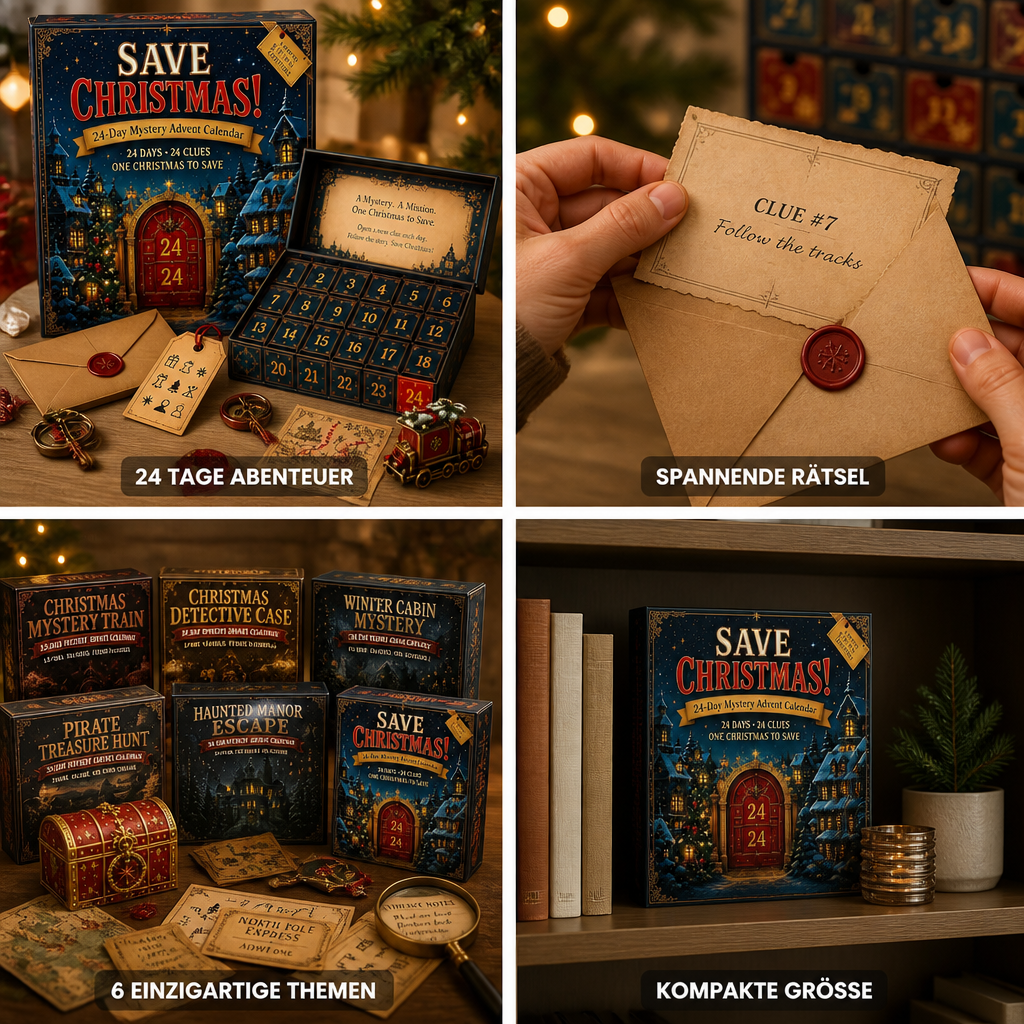 Four-panel collage: boxed calendar with clue envelope and trinkets, a hand opening a wax-sealed clue, all six theme boxes, and the box on a bookshelf. 2