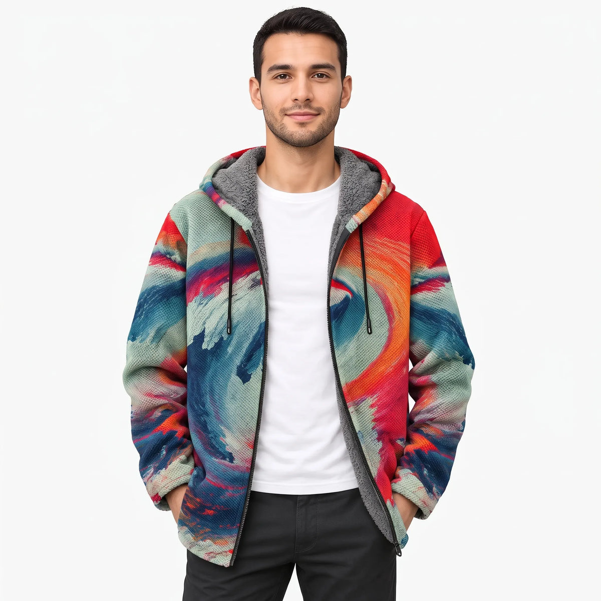 Model wearing the open jacket in a swirling blue, red and orange wave print over a white tee 1