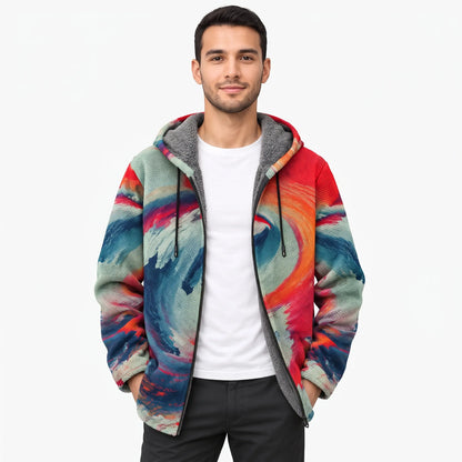 Model wearing the open jacket in a swirling blue, red and orange wave print over a white tee 1