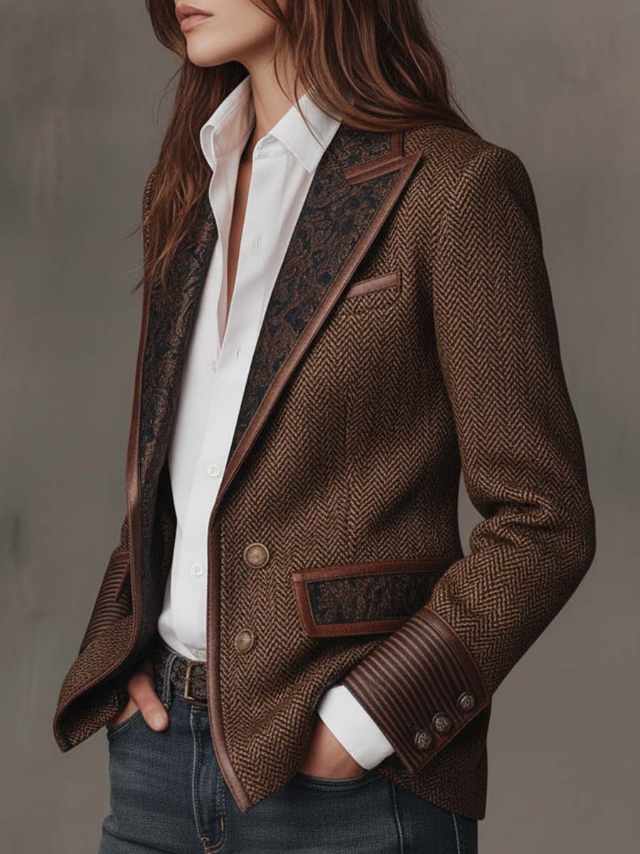 Side view with one hand in pocket, showing the lapel, chest pocket and buttoned striped cuff 10