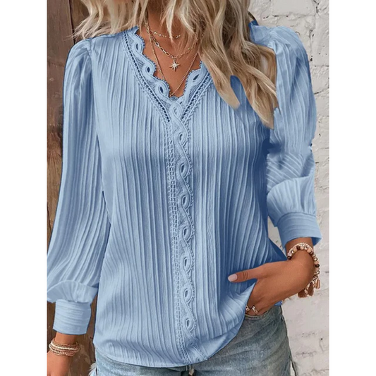 Stylish autumnal women's blouse with a V-neck and long sleeves – Alvara