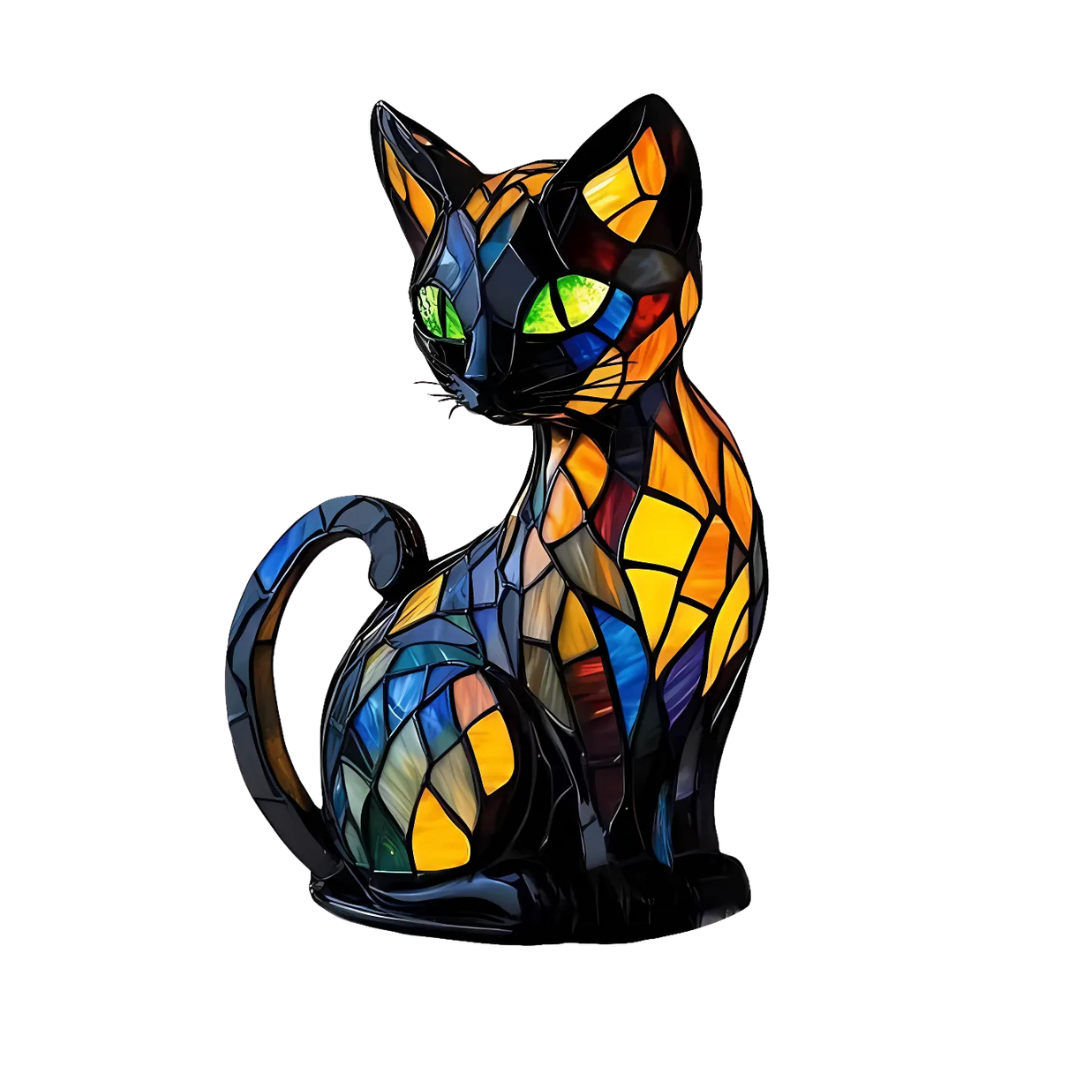 Seated cat lamp in stained-glass style with green eyes and amber, blue and red panels, on white 1