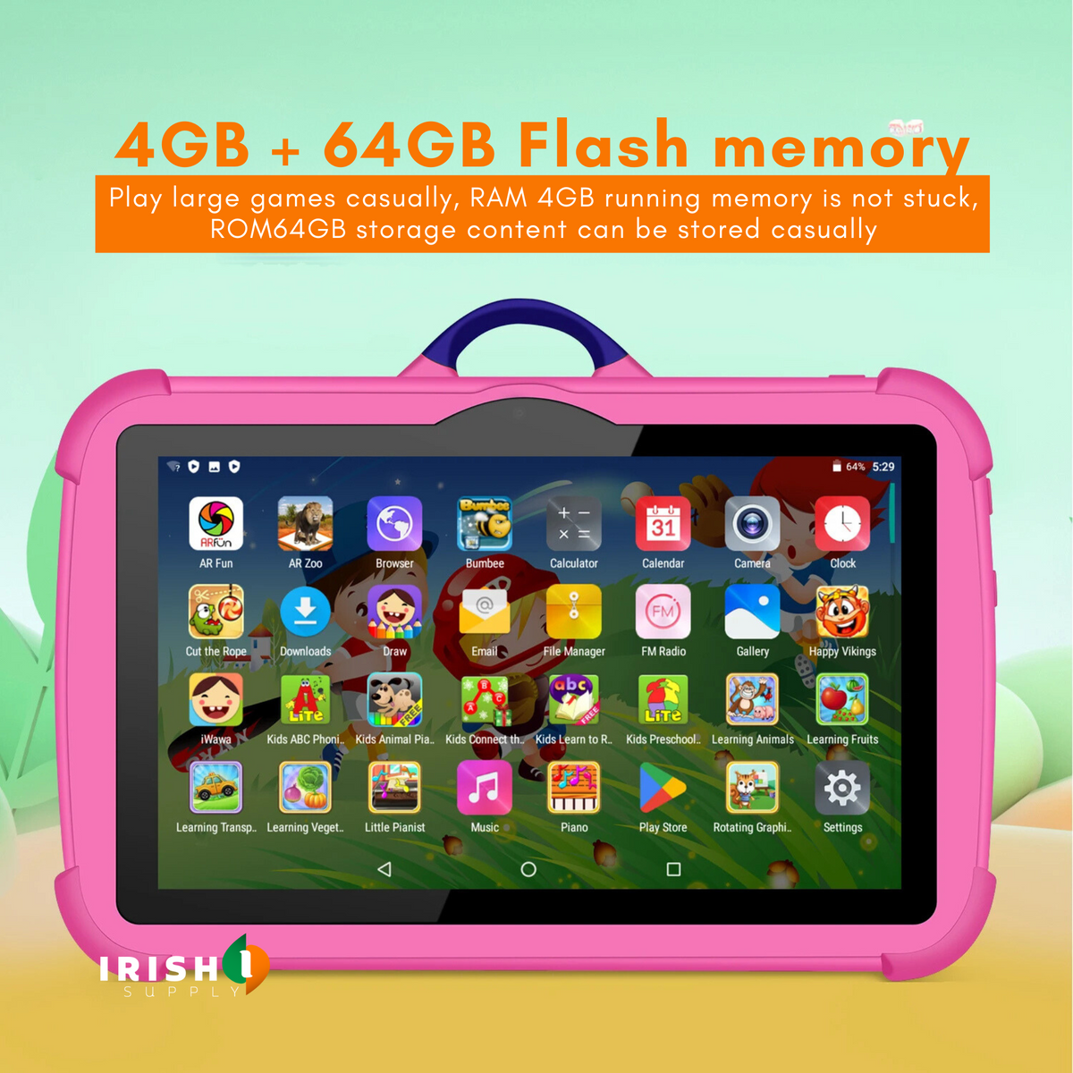 Pink tablet whose home screen displays a grid of games, learning apps and everyday tools 6