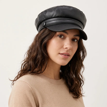 Woman with wavy brown hair wearing the black faux leather baker boy hat with a covered button, turned to the camera 1