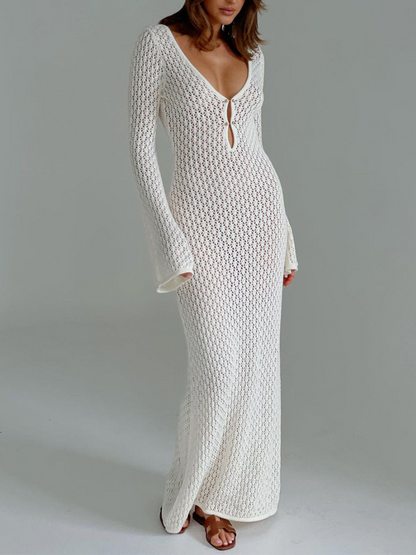 Long beach dress with a V-neck and open back – Celina