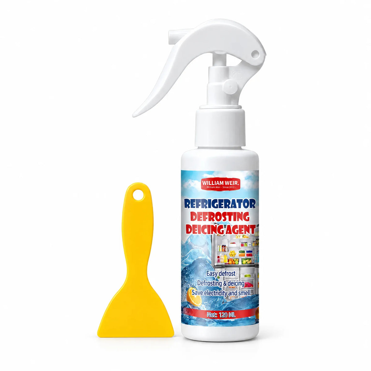 White trigger spray bottle with a yellow plastic scraper beside it on a plain white background 1