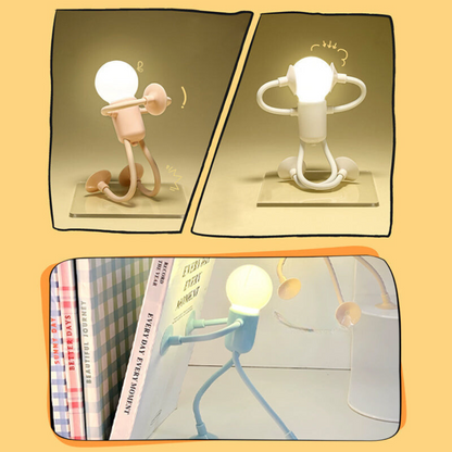 Three poses of the figure lamp: pink crouching, white with hands on head, and green pushing against books. 11