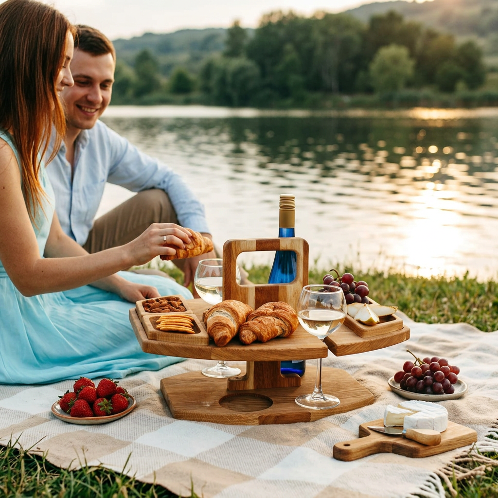 Couple sitting on a picnic blanket by a lake, sharing croissants, wine and nibbles from the wooden table 1