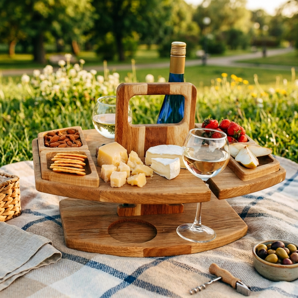 Wooden two-tier table on a picnic blanket in a park, holding cheese, nuts, strawberries, wine and glasses 1