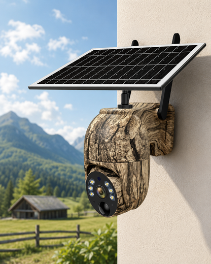 Bark-patterned camera with a solar panel fixed to a cream wall, with mountains and a barn in the background. 10