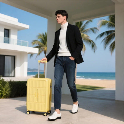 Airport-approved 55 cm hand luggage with a 30:70 split and a three-part polycarbonate hard shell.