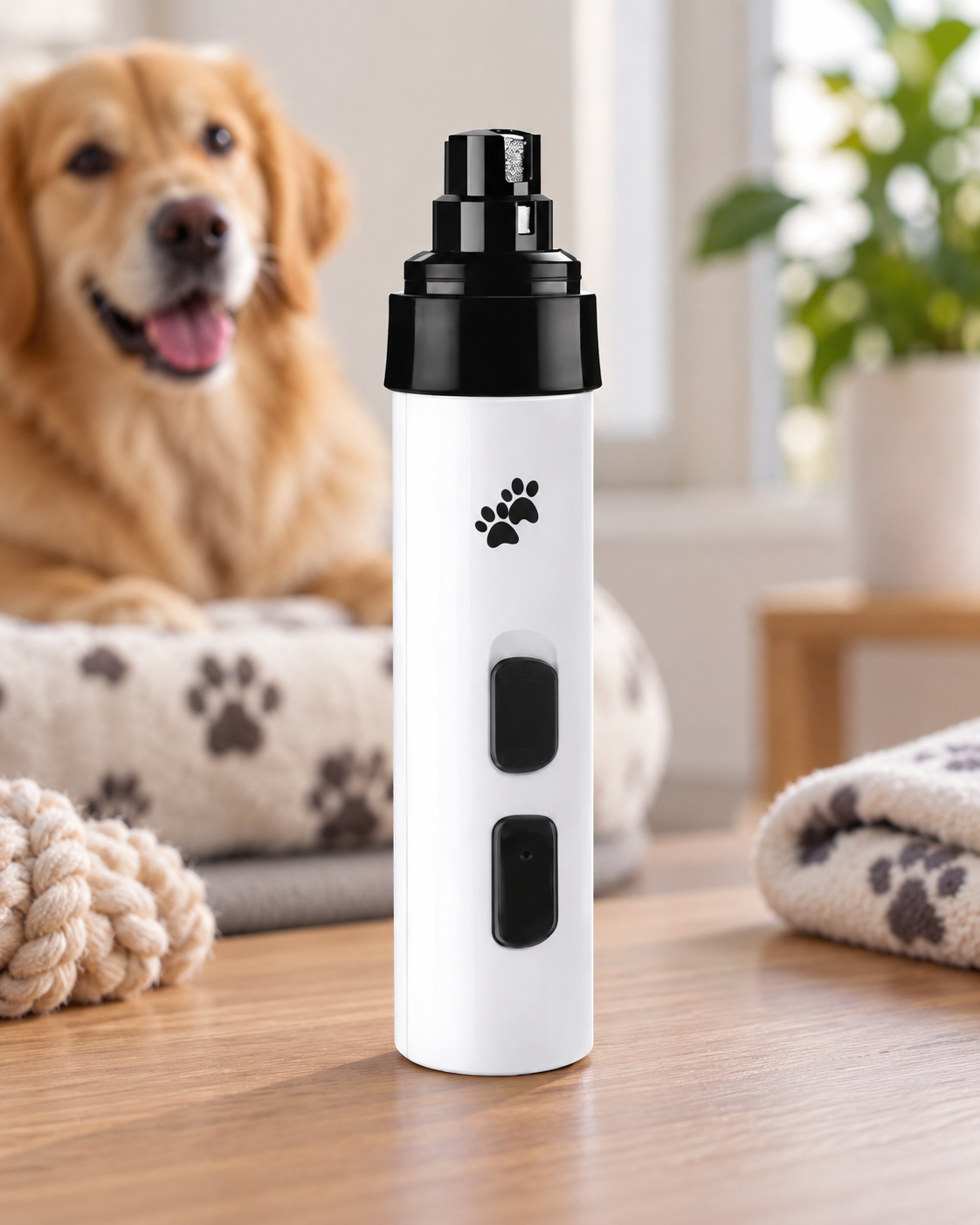 White and black cordless grinder standing upright on a wooden table, a golden retriever resting behind 1