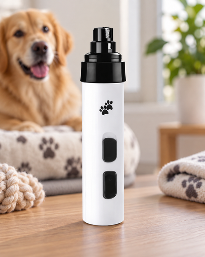 White and black cordless grinder standing upright on a wooden table, a golden retriever resting behind 1