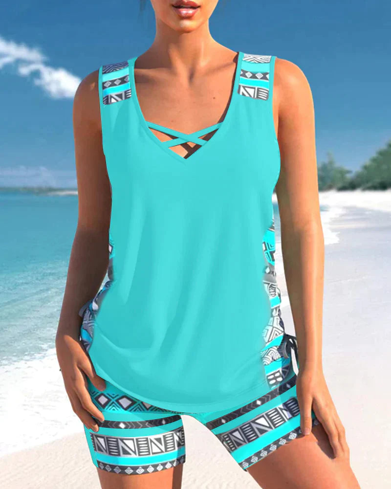 Trendy swimwear with V-neck and geometric pattern – Tankini set Madonna