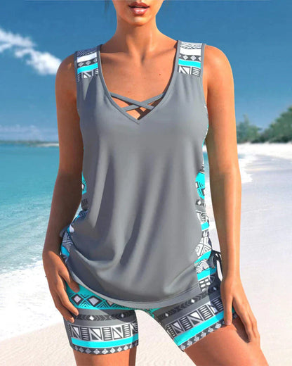 Trendy swimwear with V-neck and geometric pattern – Tankini set Madonna