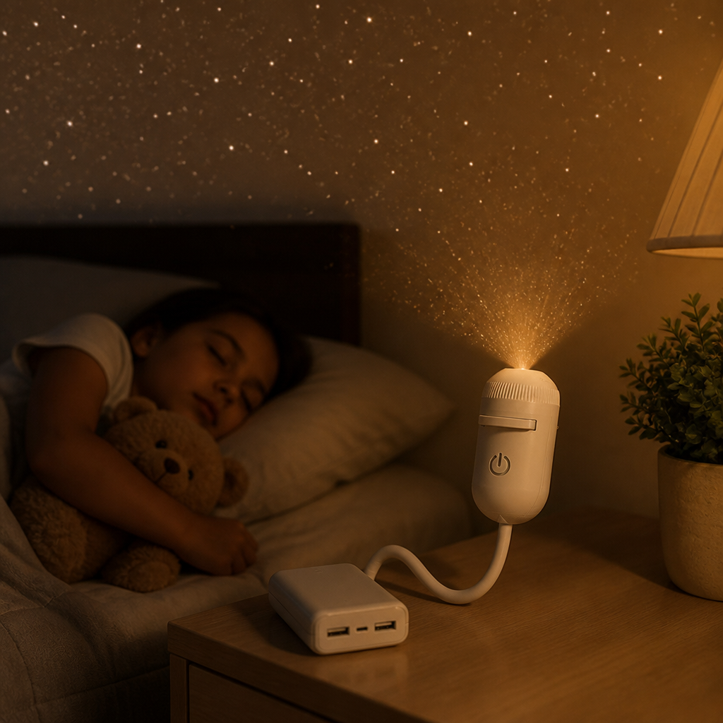 Projector on a bedside table beside a power bank, casting a spray of stars across the wall above a sleeping child cuddling a teddy bear. 4