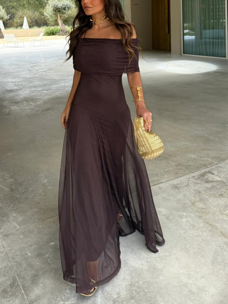 Model in dark brown sheer mesh maxi dress worn off the shoulder, holding a gold clutch 1