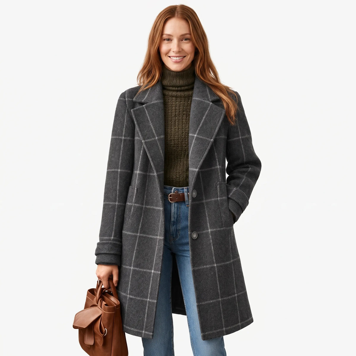 Smiling model on a plain white background wears the charcoal checked coat open over a green polo neck 1