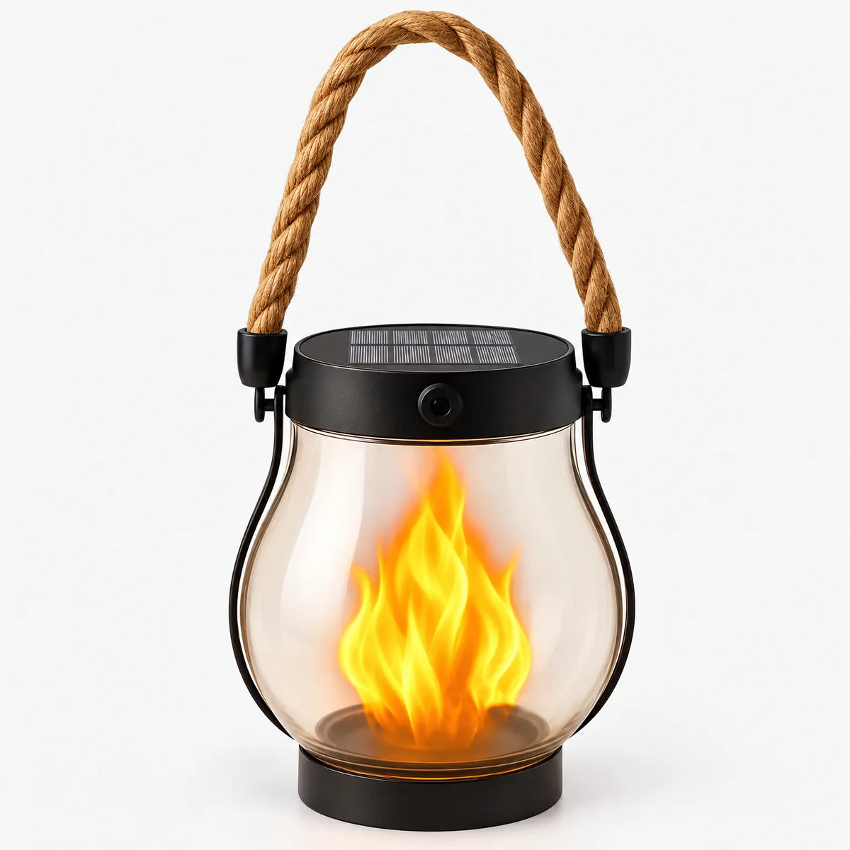 Clear glass lantern with a flickering flame glow, black top with solar panel and rope handle 1