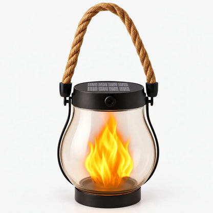 Clear glass lantern with a flickering flame glow, black top with solar panel and rope handle 1