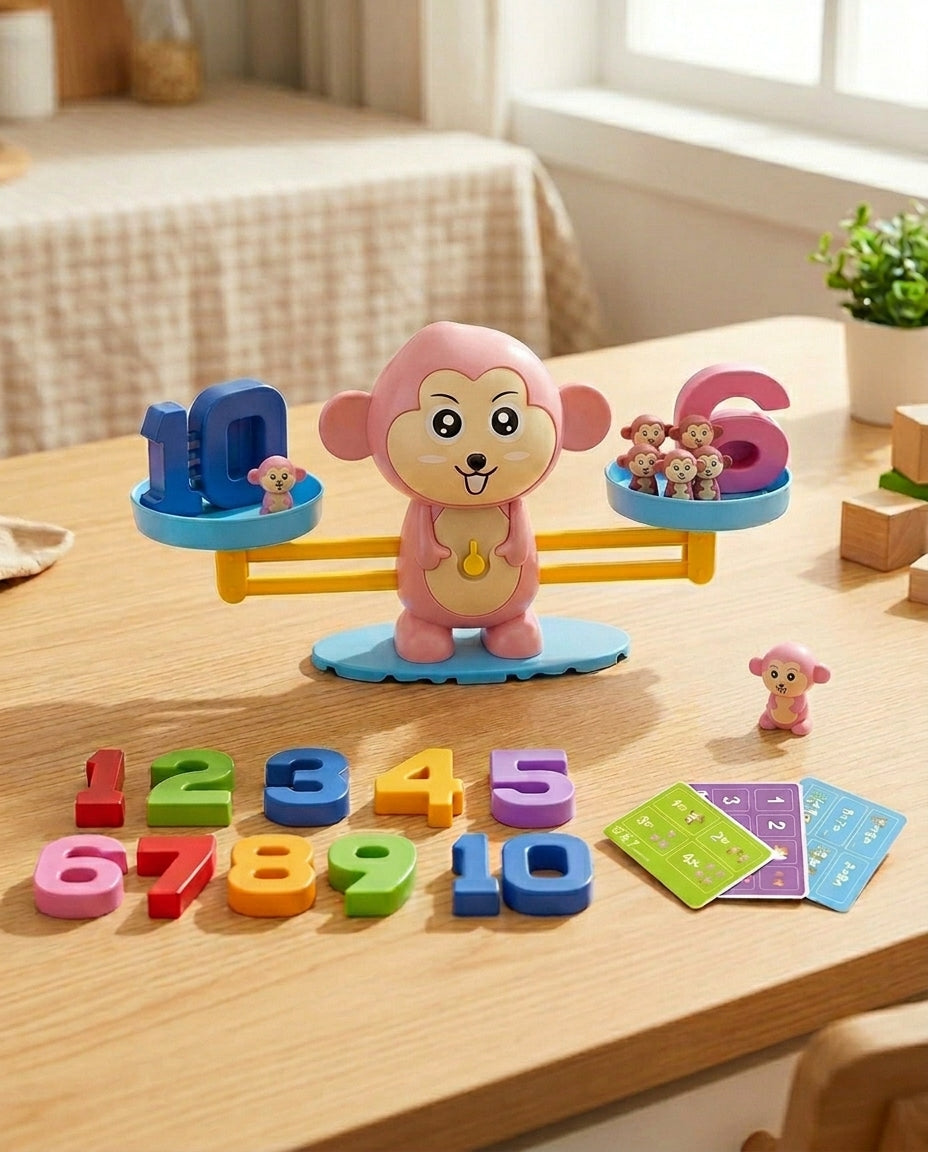 Pink monkey version of the balance set with coloured numbers 1 to 10, small monkeys and activity cards 2