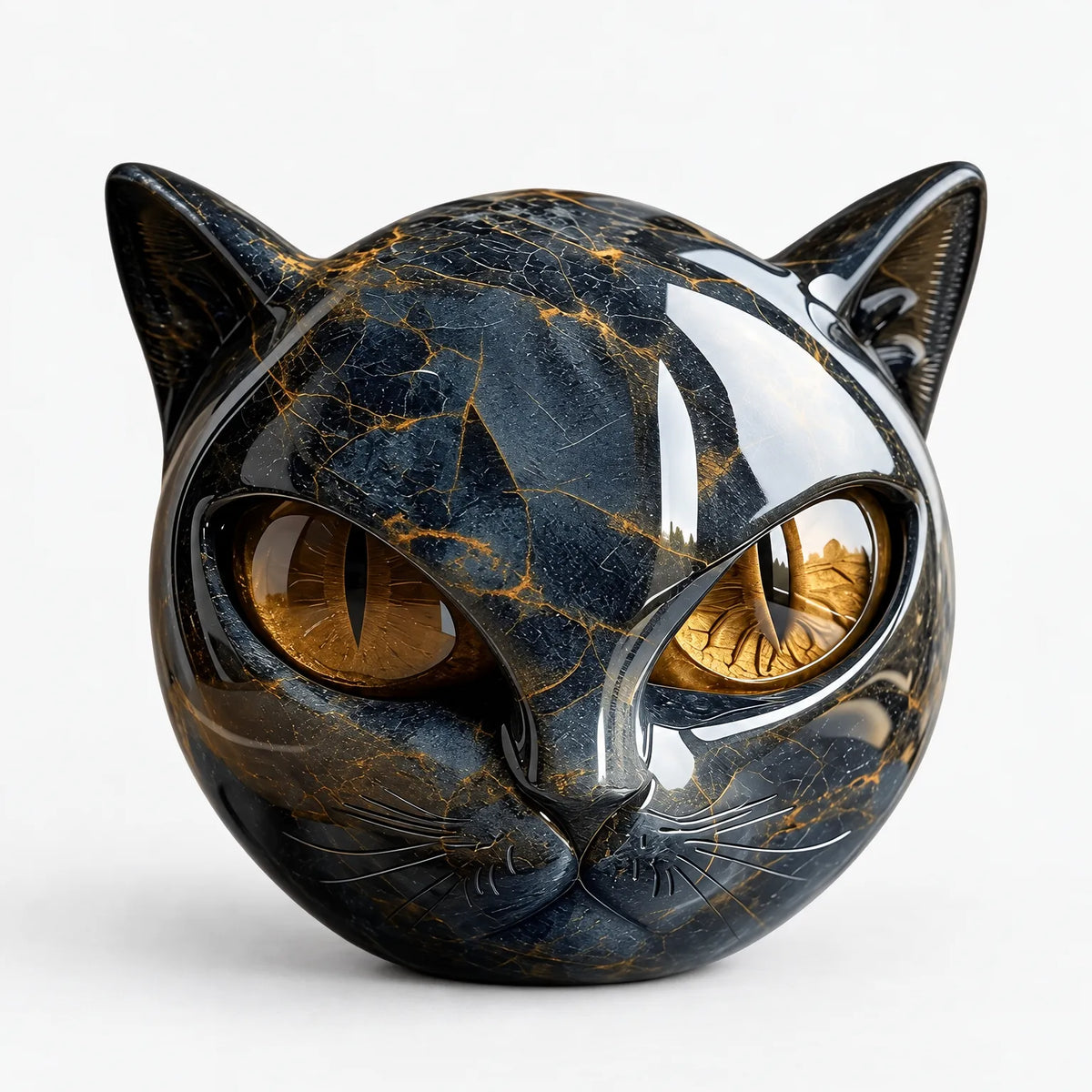 Front view of the glossy marbled black sphere with gold veining, pointed ears and amber slit-pupil eyes on white 1