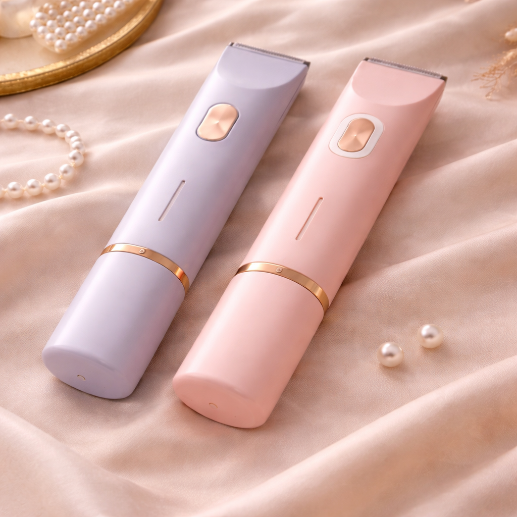 Lilac and pink trimmers with gold-tone rings and buttons lying side by side on cream satin, beside loose pearls and a pearl strand. 1
