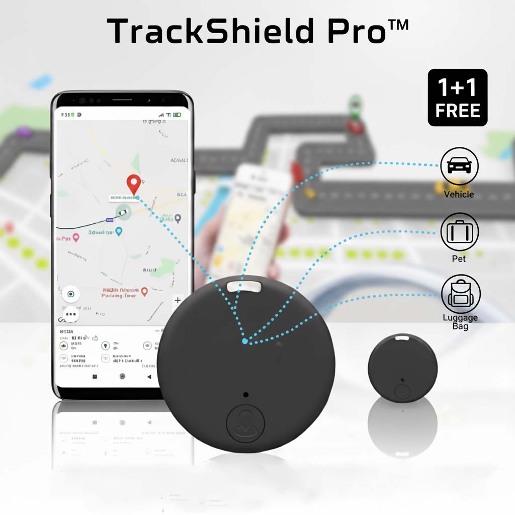 Two round black trackers in front of a smartphone showing a map with a red location pin, with icons for vehicle, pet and luggage. 1