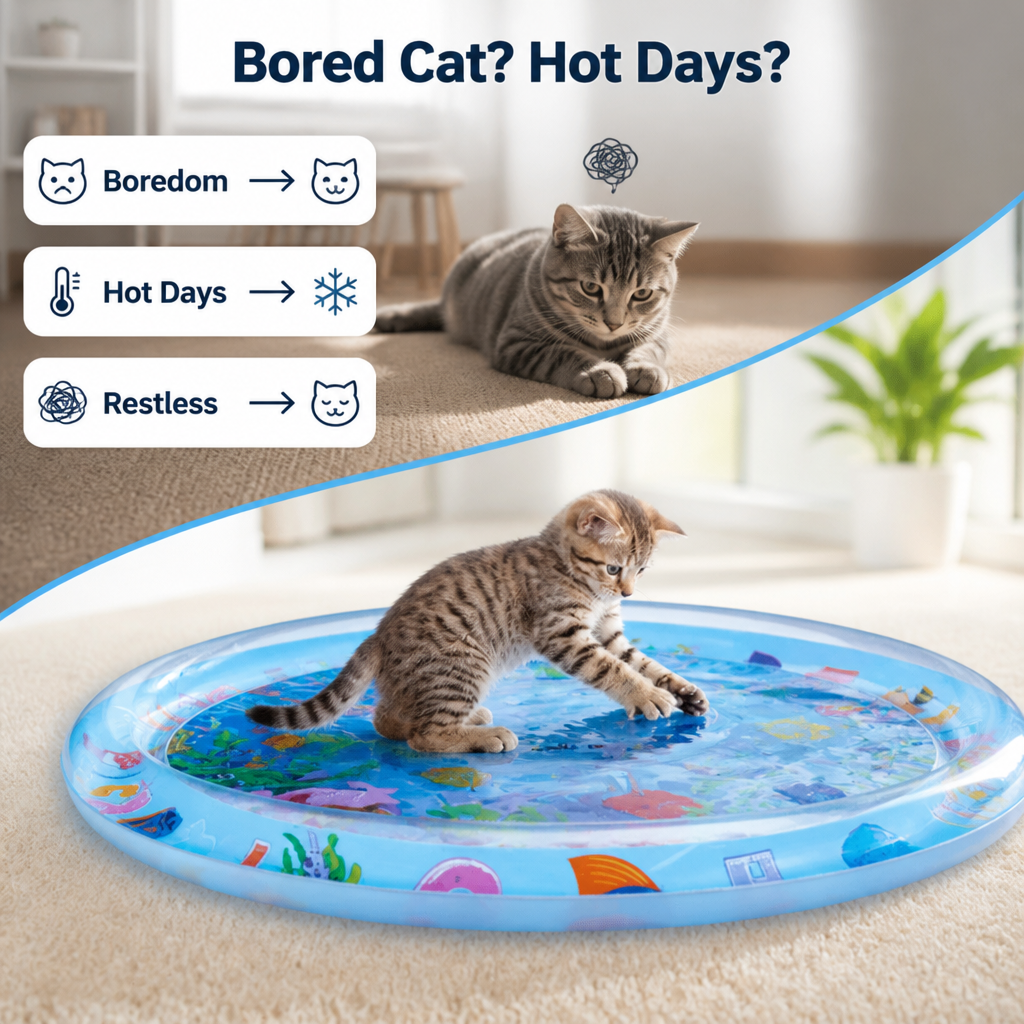 Split scene: a bored grey cat lying on carpet above, and a kitten pawing at the round blue water mat below. 2