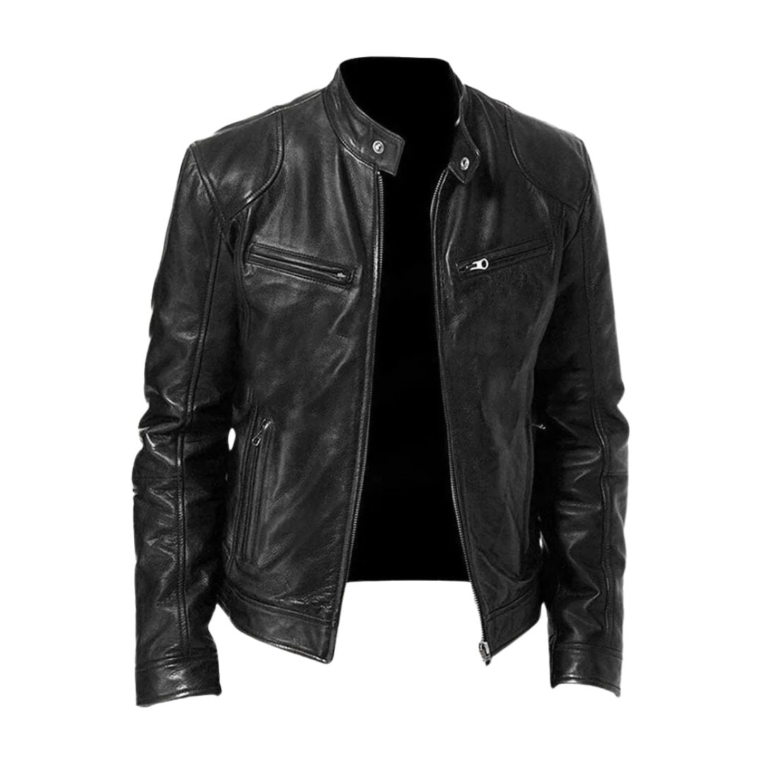 Black stand-collar leather jacket shown unzipped from the front, with snap-fastened collar tabs and zipped chest and side pockets. 1