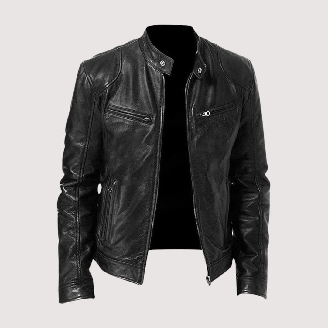 Black leather biker jacket from the front, unzipped, showing the stand collar and zipped chest pockets 2