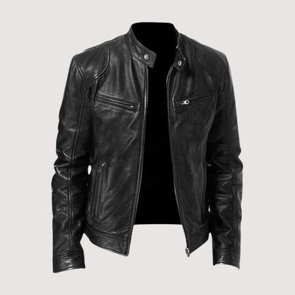 Black leather biker jacket from the front, unzipped, showing the stand collar and zipped chest pockets 2