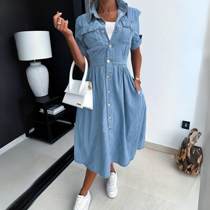 Fashionable Denim Dress with Short Sleeves - DenimCharm