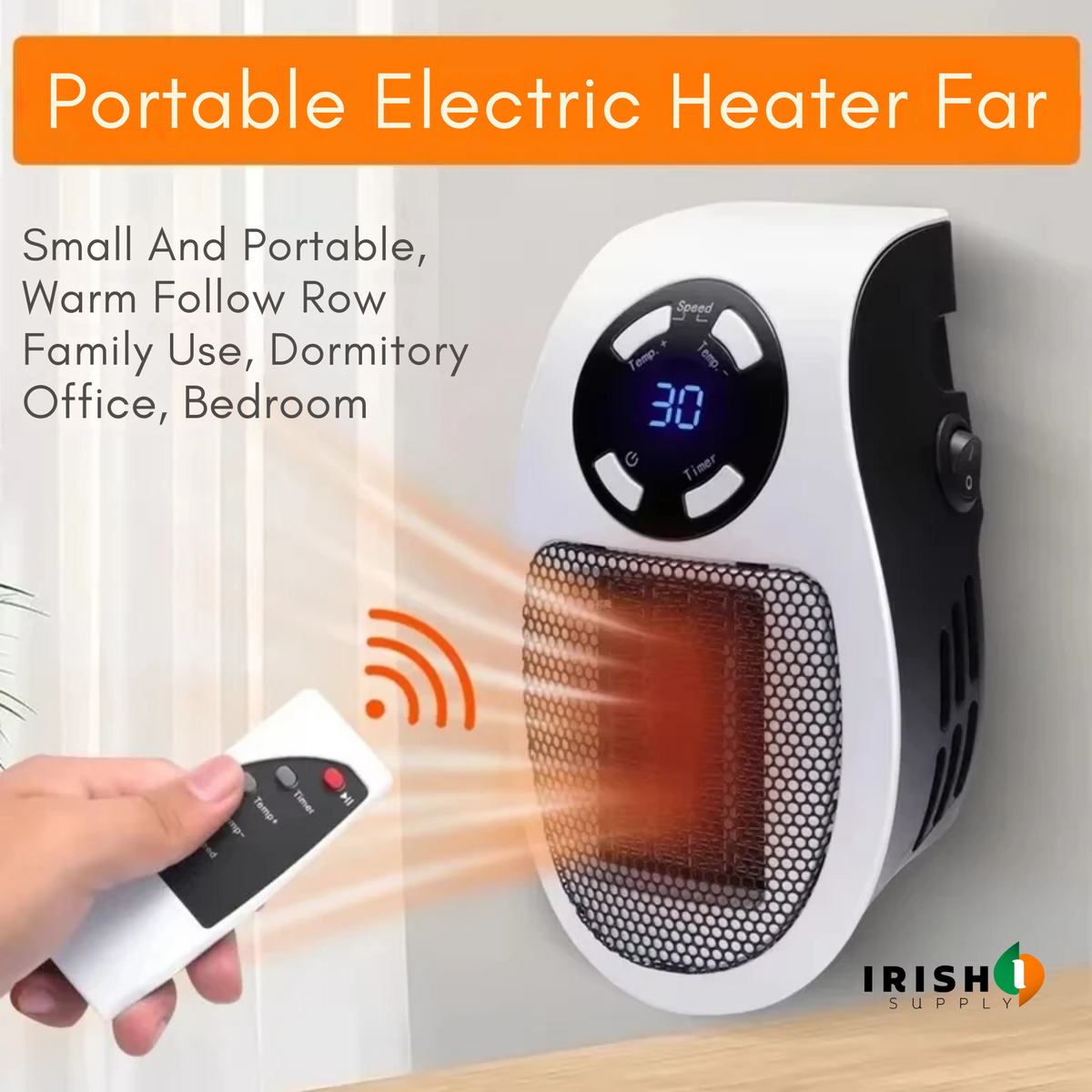 Wall-mounted heater blowing warm air towards a hand holding the remote control, with an orange banner above 2