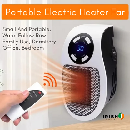 Wall-mounted heater blowing warm air towards a hand holding the remote control, with an orange banner above 2