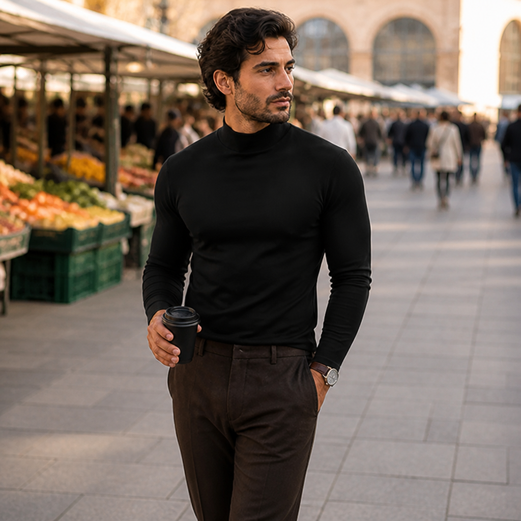 Man in a black high-neck long sleeve top walking past market stalls, holding a takeaway coffee cup. 2