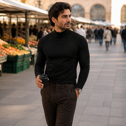 Man in a black high-neck long sleeve top walking past market stalls, holding a takeaway coffee cup. 2